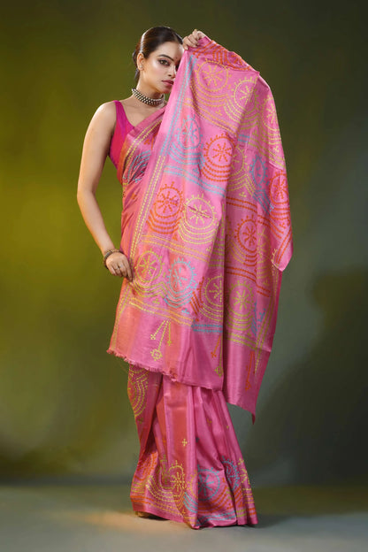 Rose pink handmade circular motif silk gujarati stitch saree 4