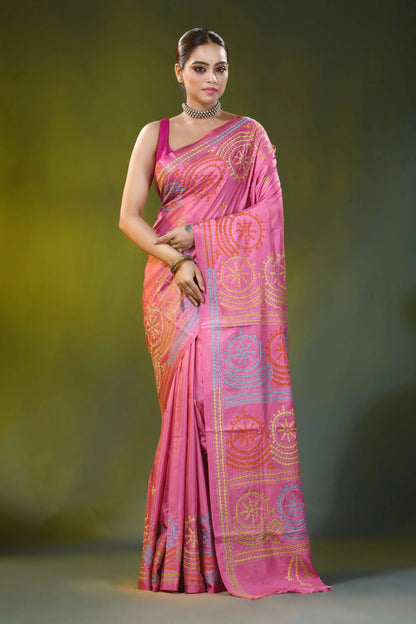 Rose pink handmade circular motif silk gujarati stitch saree 1