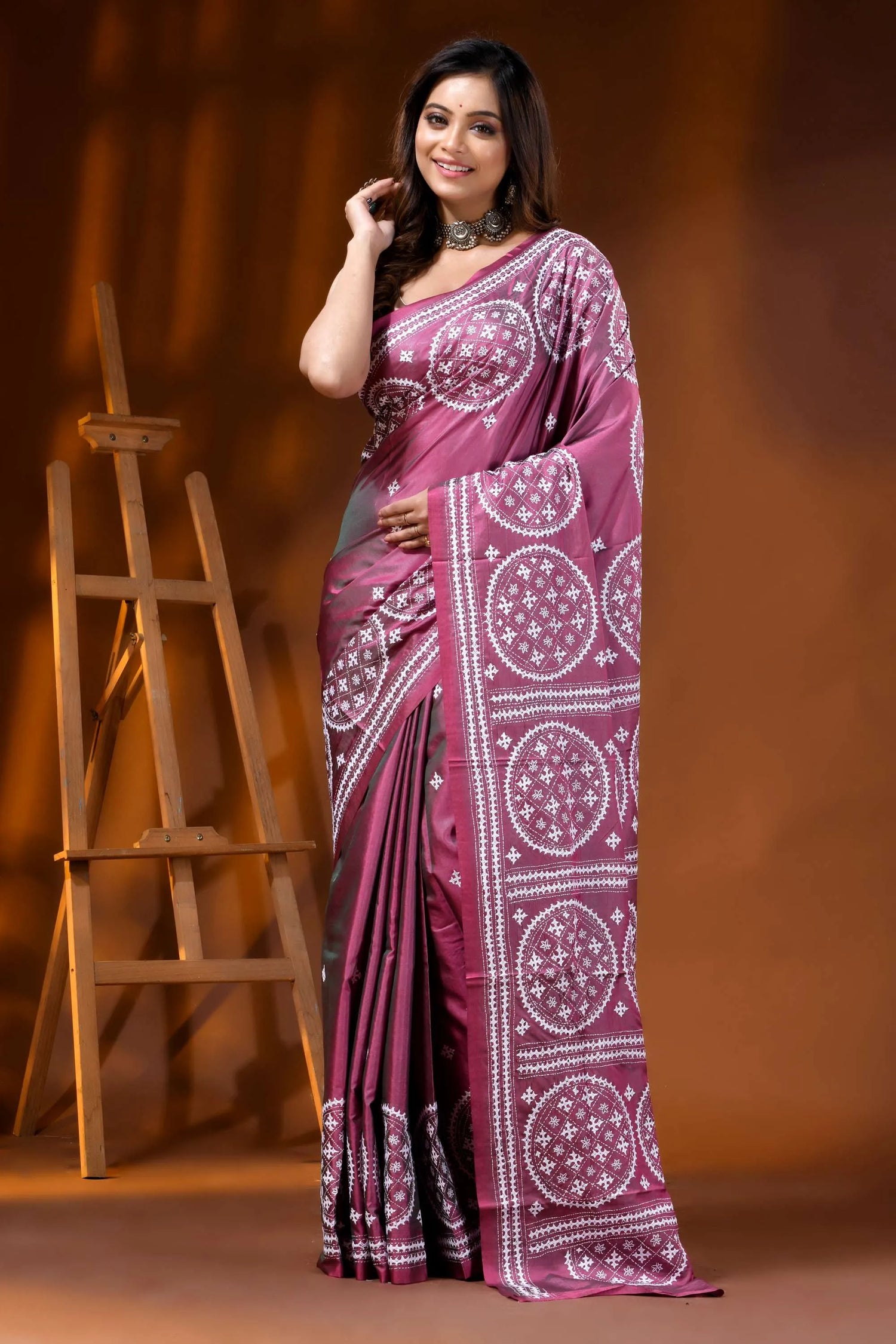 Rose pink silk gujarati stitch saree with handcrafted circular motifs 6
