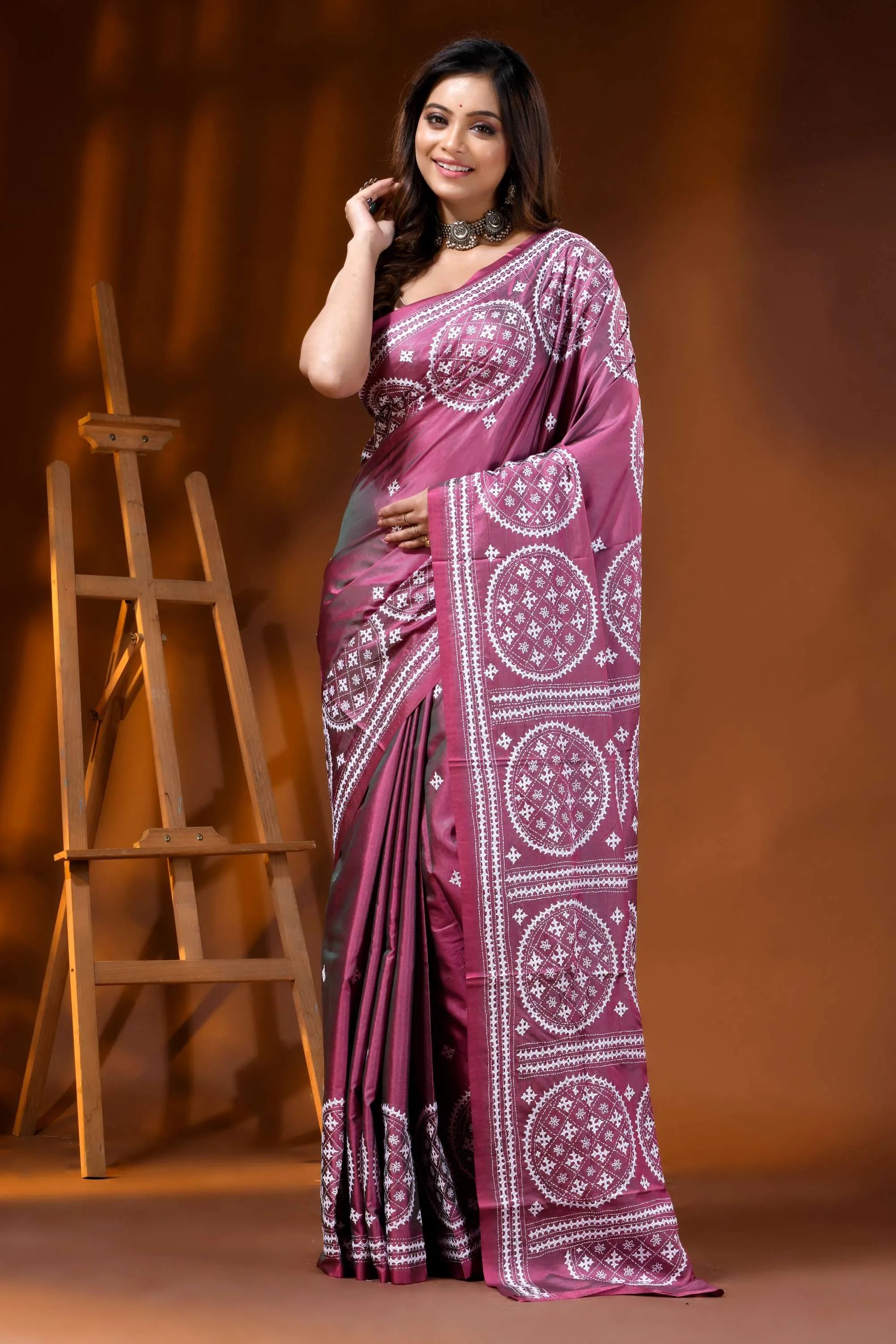 Rose pink silk gujarati stitch saree with handcrafted circular motifs 6