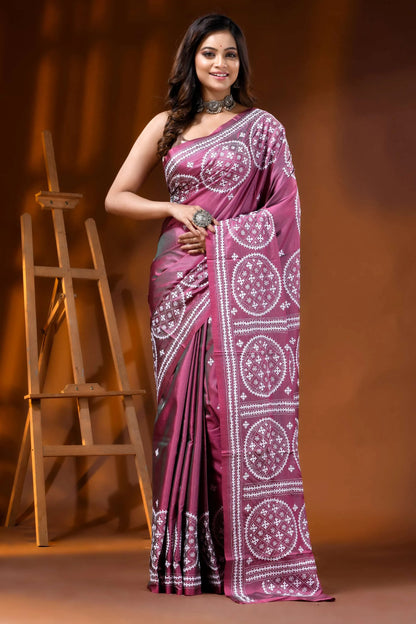 Rose pink silk gujarati stitch saree with handcrafted circular motifs 1