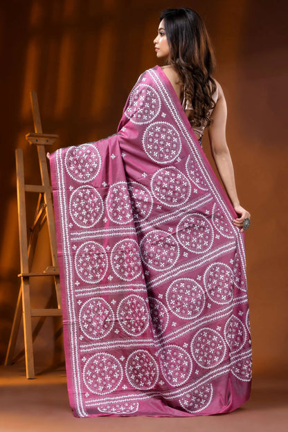 Rose pink silk gujarati stitch saree with handcrafted circular motifs 4