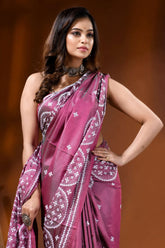 Rose pink silk gujarati stitch saree with handcrafted circular motifs 2