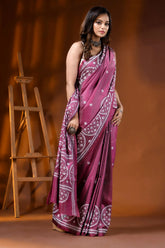 Rose pink silk gujarati stitch saree with handcrafted circular motifs 5