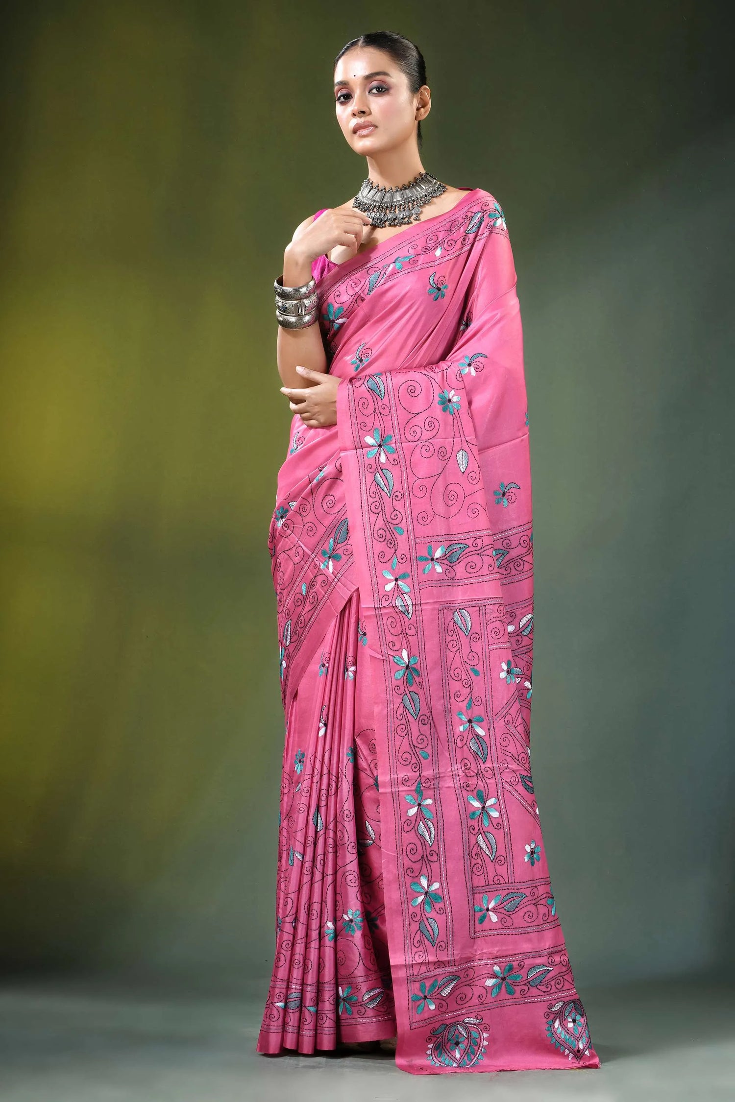 Rose pink swan motif hand embroidered silk kantha saree vibrant adorned intricate 6