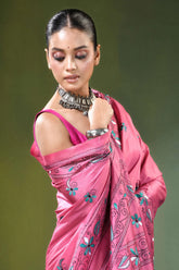 Rose pink swan motif hand embroidered silk kantha saree vibrant adorned 2