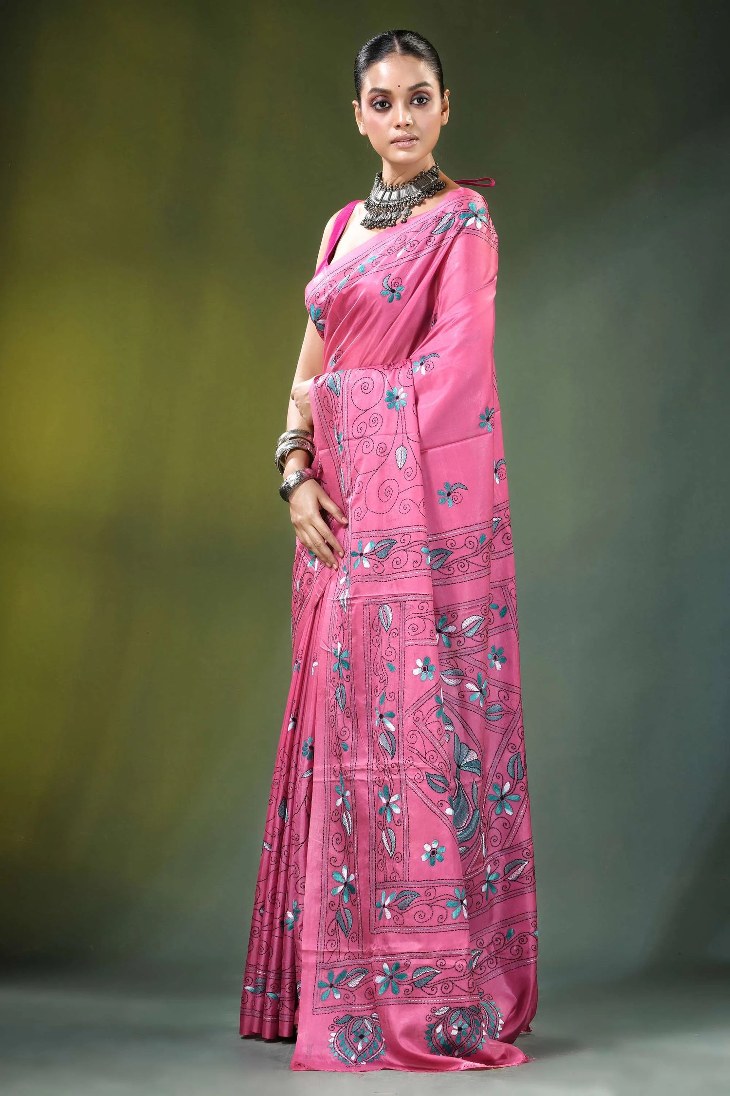 Rose pink swan motif hand embroidered silk kantha saree vibrant intricate black 3