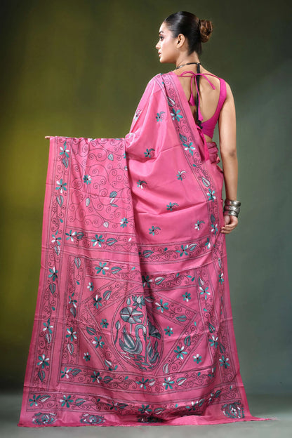 Rose pink swan motif hand embroidered silk kantha saree vibrant intricate silver 5