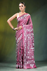 Rose pink village theme kantha embroidery silk saree woman wears rich maroon 6