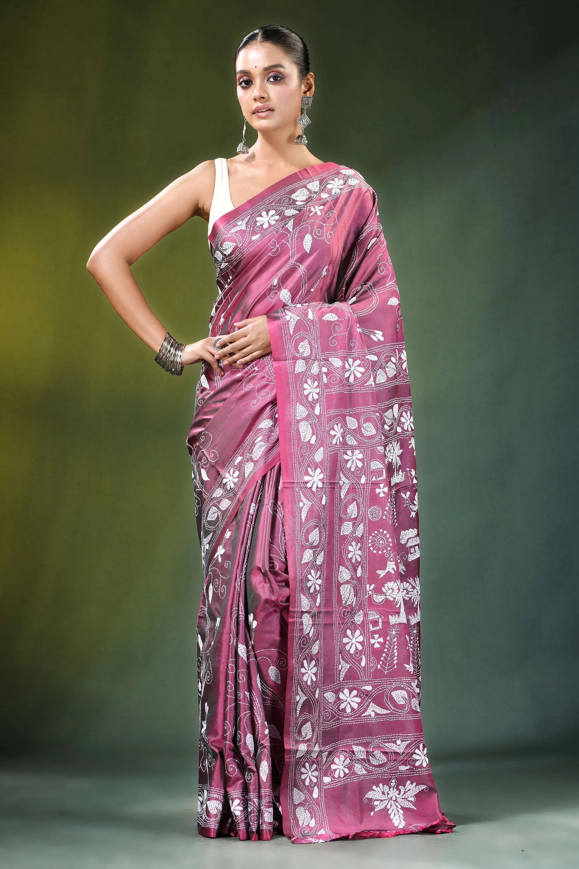 Rose pink village theme kantha embroidery silk saree woman wears rich maroon 6