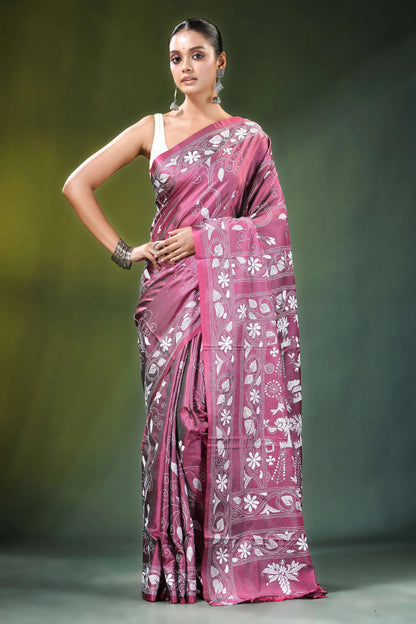 Rose pink village theme kantha embroidery silk saree woman wears rich maroon 6