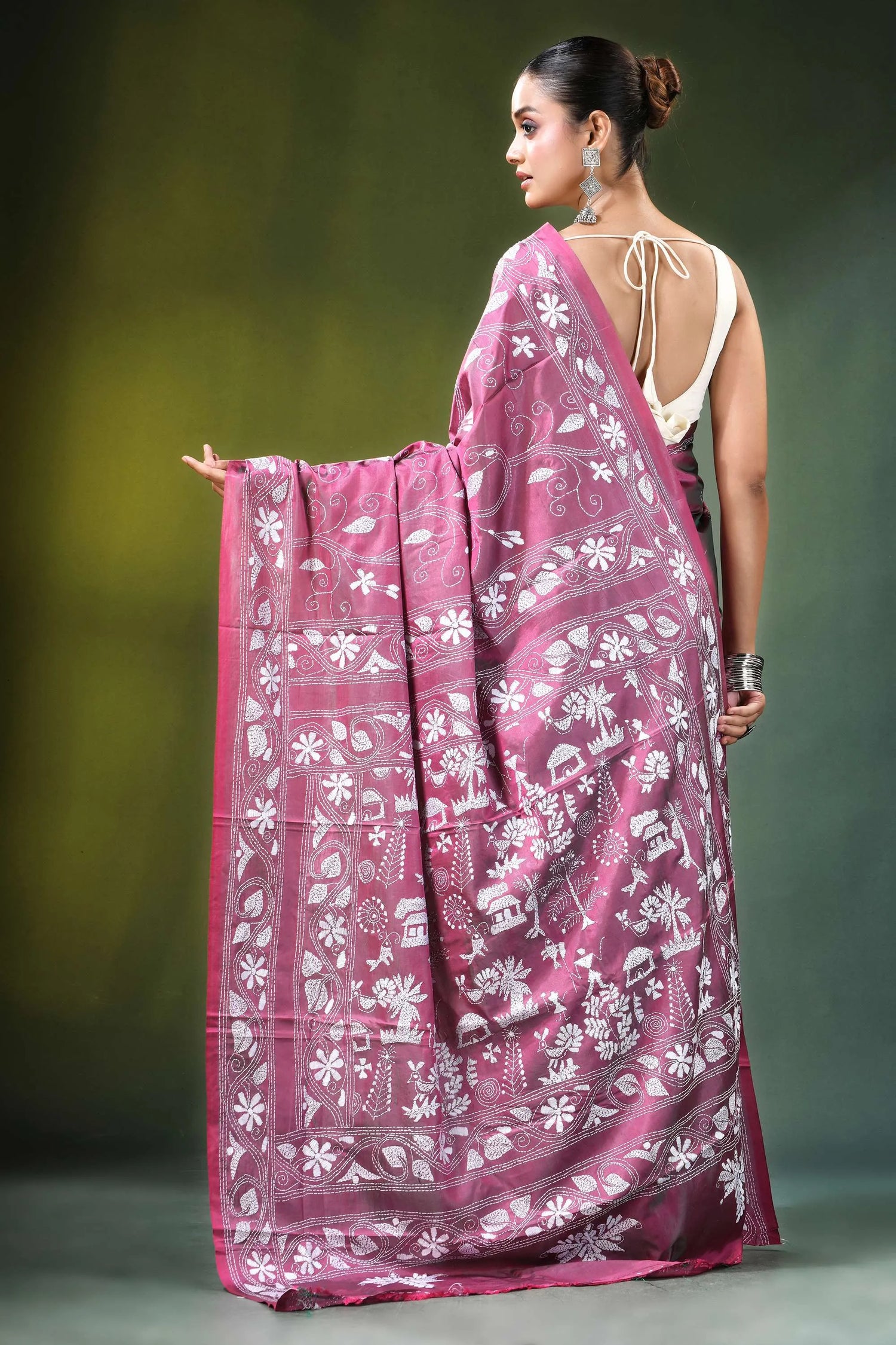 Rose pink village theme kantha embroidery silk saree maroon intricate white 5