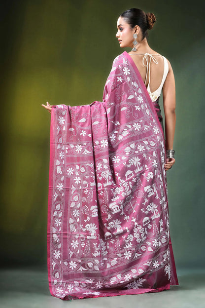 Rose pink village theme kantha embroidery silk saree maroon intricate white 5