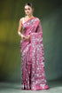 Rose pink village theme kantha embroidery silk saree woman wears rich maroon 1