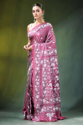 Rose pink village theme kantha embroidery silk saree woman wears maroon 3