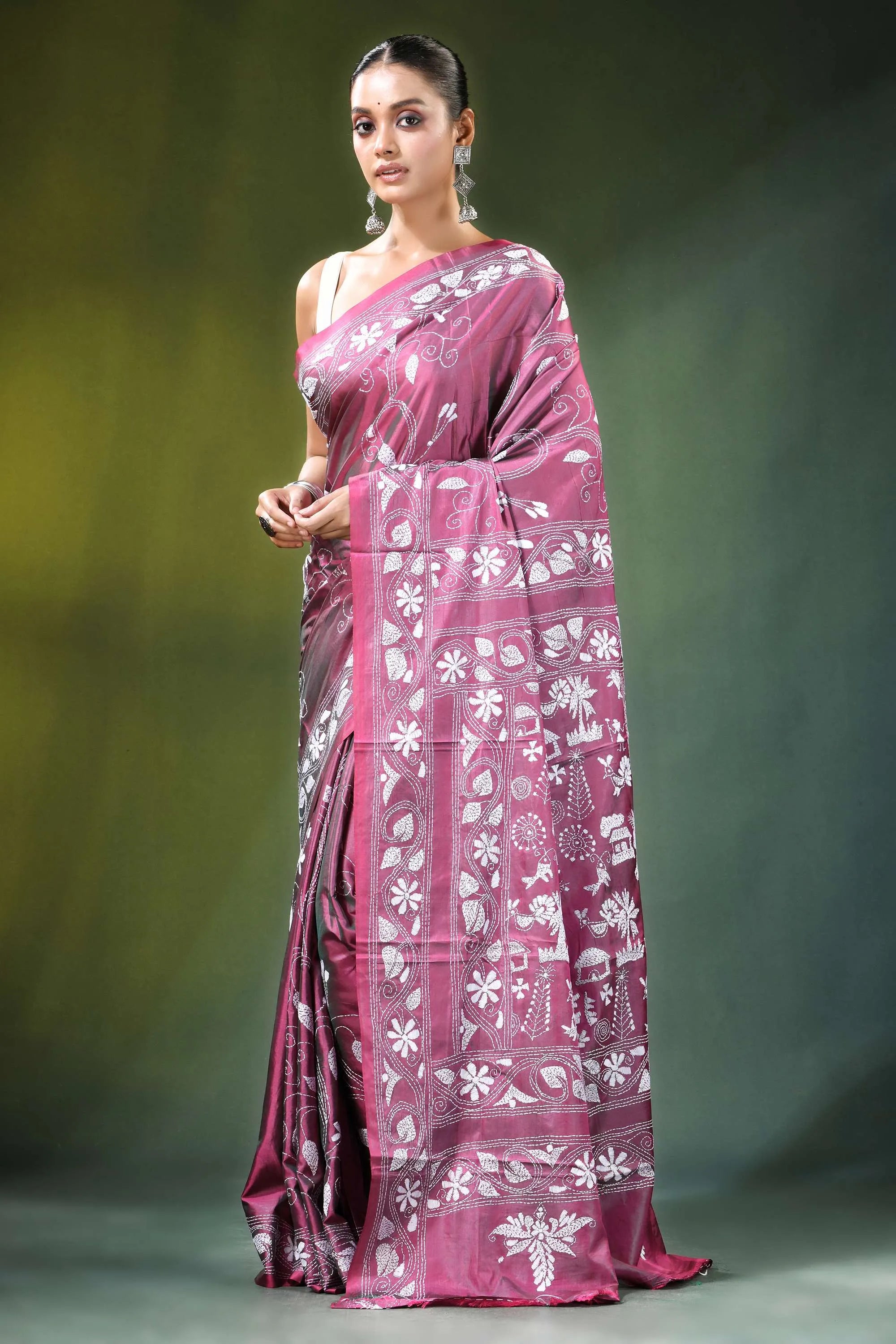 Rose pink village theme kantha embroidery silk saree woman wears maroon 3