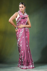 Rose pink village theme kantha embroidery silk saree woman wears maroon 4