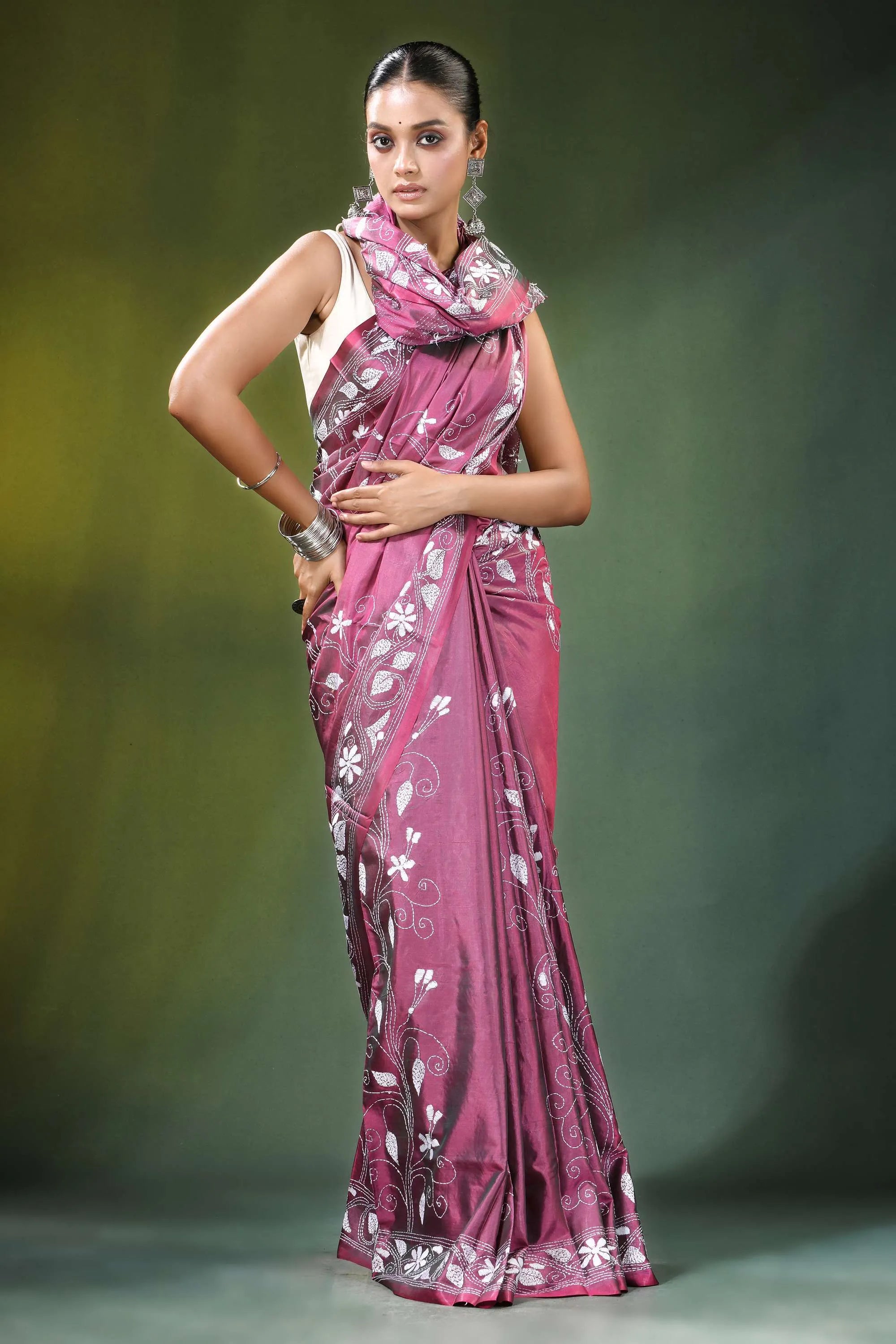 Rose pink village theme kantha embroidery silk saree woman wears maroon 4