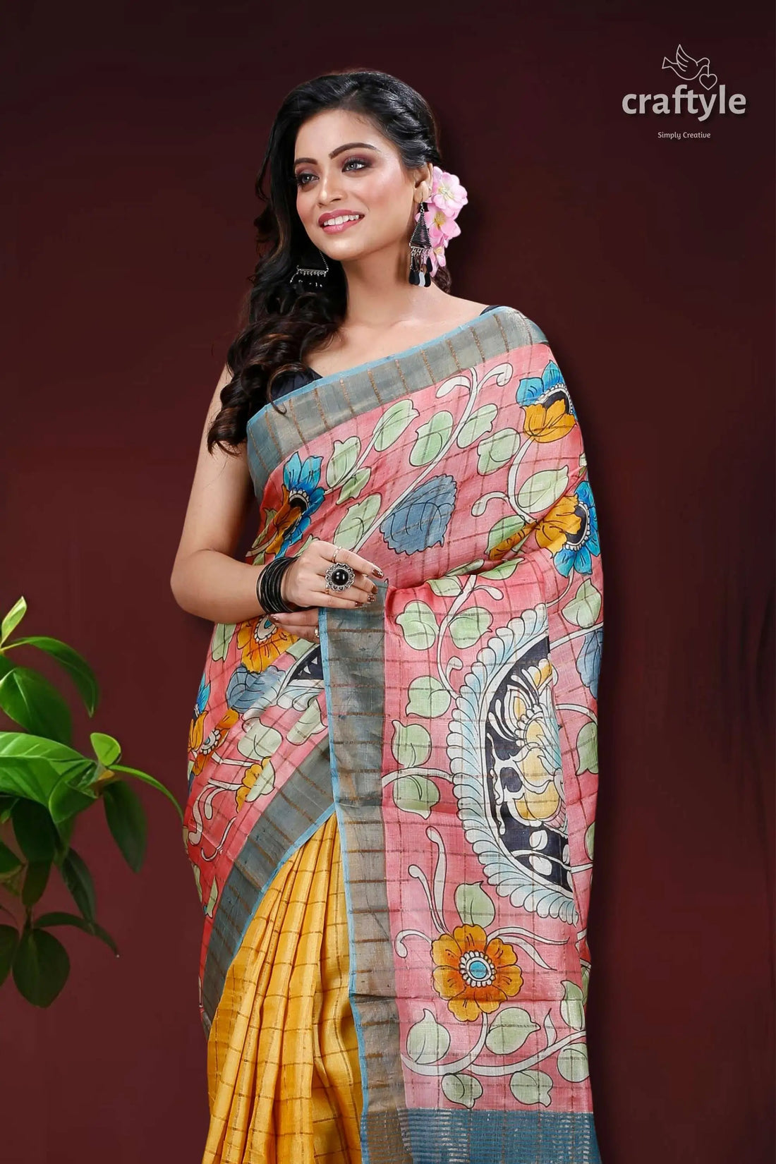 Rose pink &amp; yellow hand painted zari pure tussar kalamkari saree woman pink yellow saree 2
