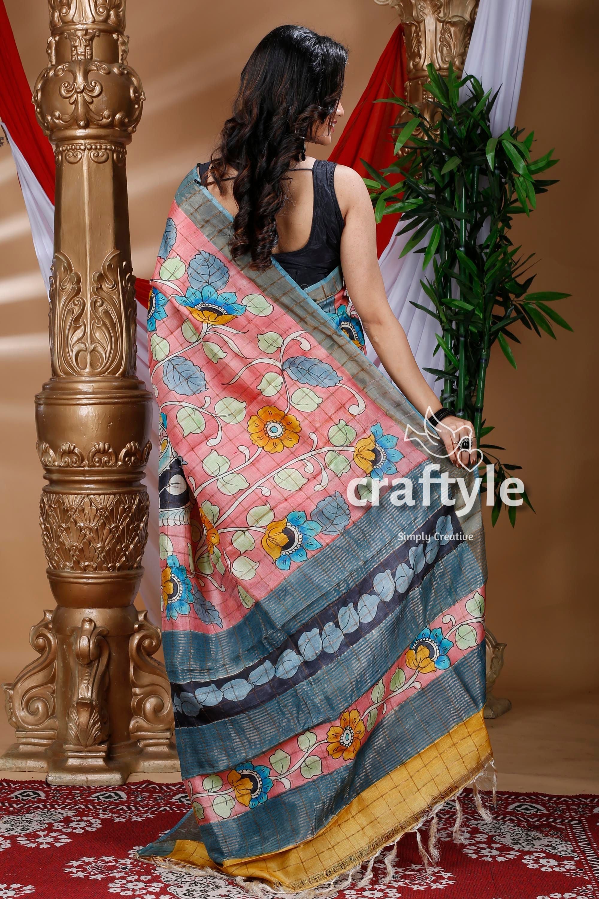 Rose Pink &amp; Yellow Hand Painted Zari Pure Tussar Kalamkari Saree - Craftyle