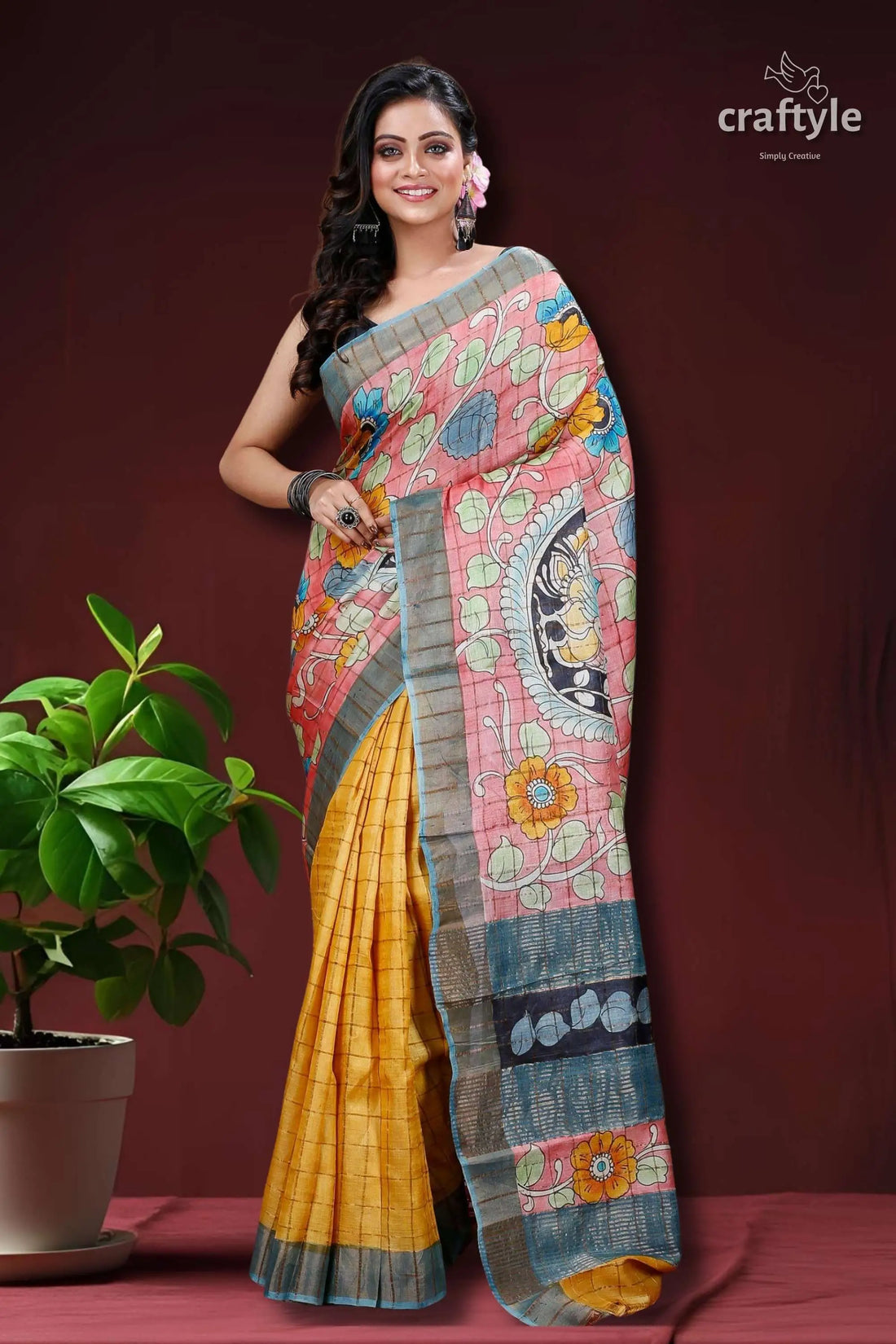 Rose pink & yellow hand painted zari pure tussar kalamkari saree woman pink yellow saree 1