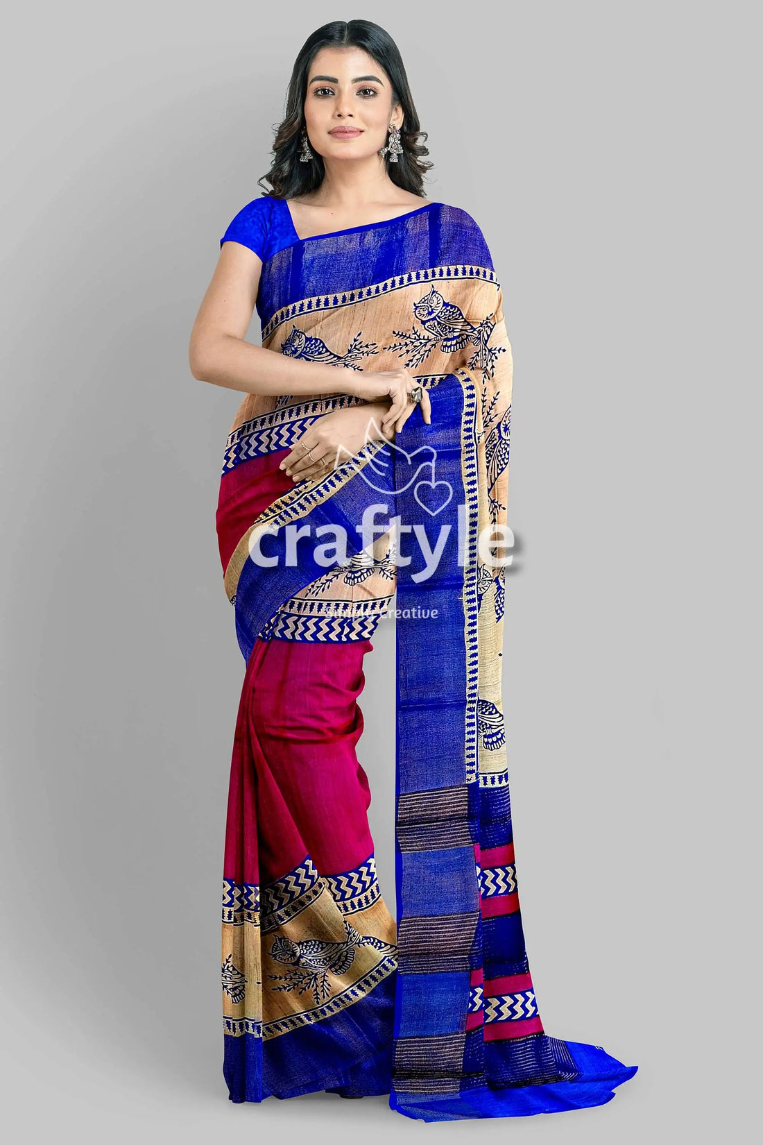 Rose red blue hand block print zari pure tussar saree - indian ethnic wear woman colorful saree 1