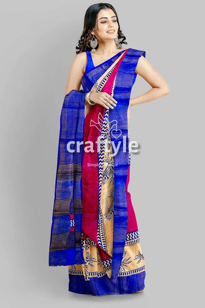 Rose Red Blue Hand Block Print Zari Pure Tussar Saree - Indian Ethnic Wear - Craftyle