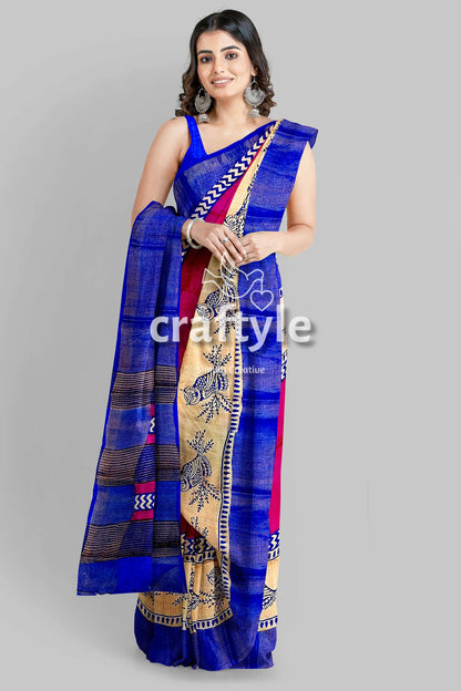 Rose Red Blue Hand Block Print Zari Pure Tussar Saree - Indian Ethnic Wear - Craftyle