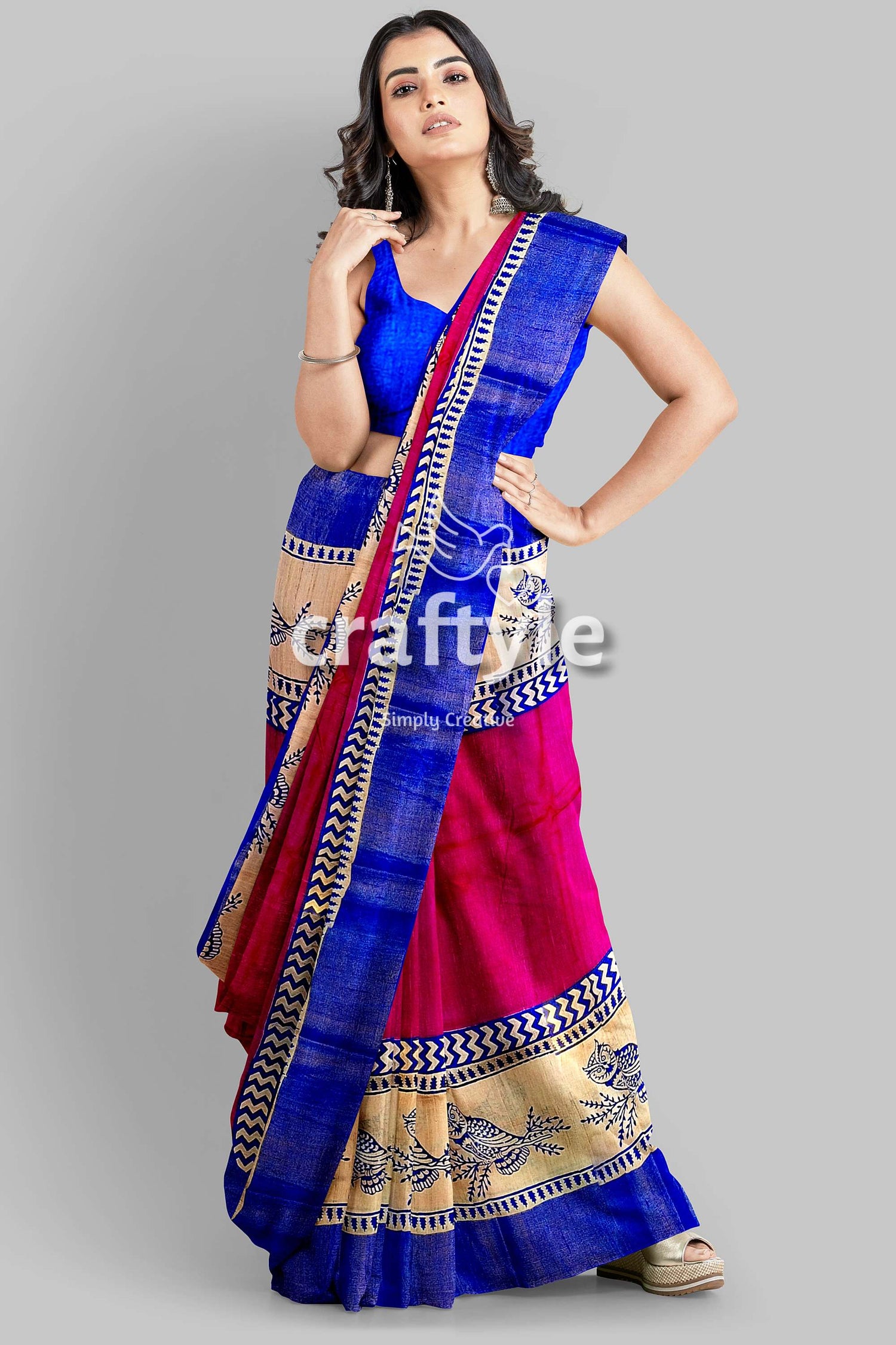 Rose Red Blue Hand Block Print Zari Pure Tussar Saree - Indian Ethnic Wear - Craftyle
