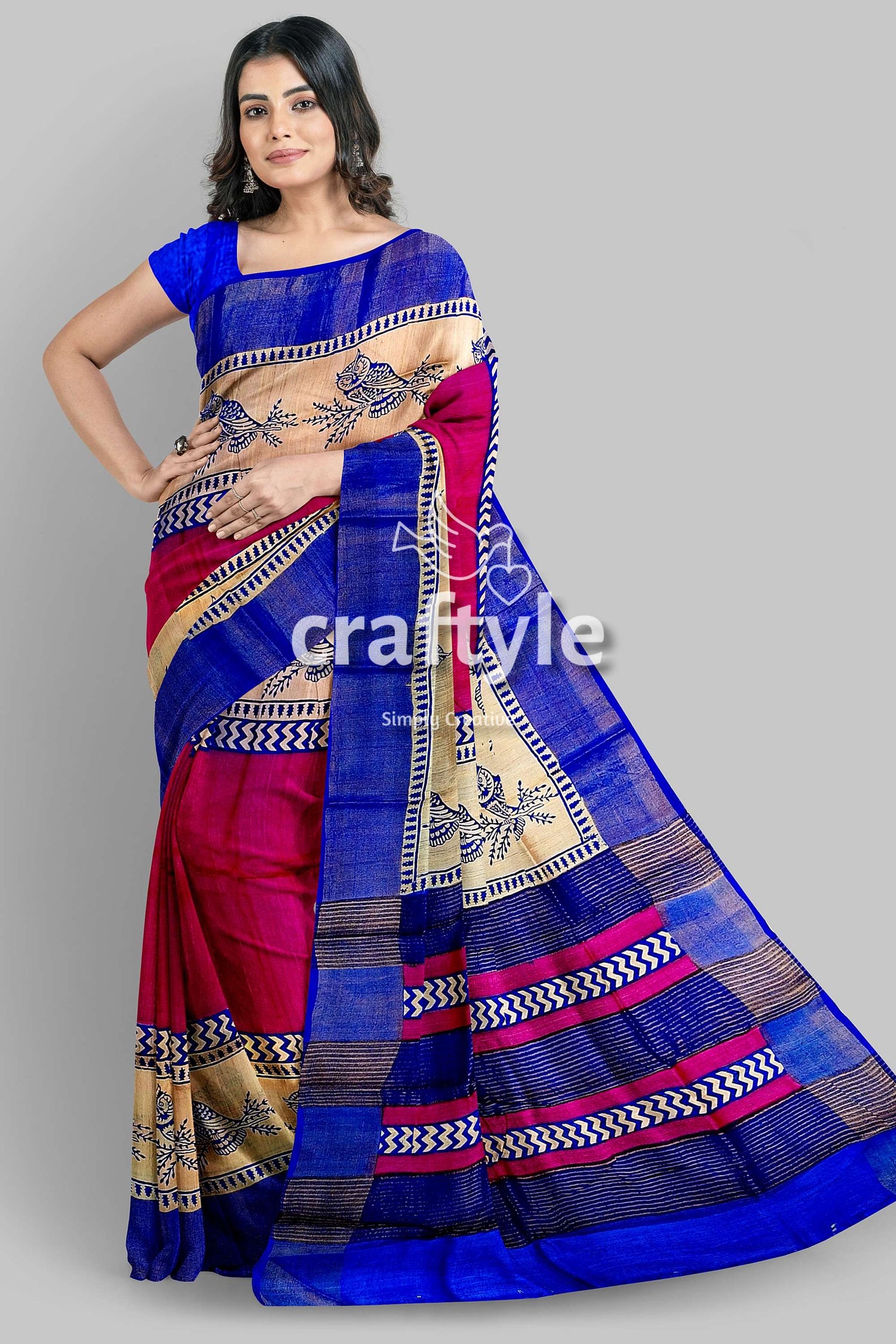 Rose Red Blue Hand Block Print Zari Pure Tussar Saree - Indian Ethnic Wear - Craftyle
