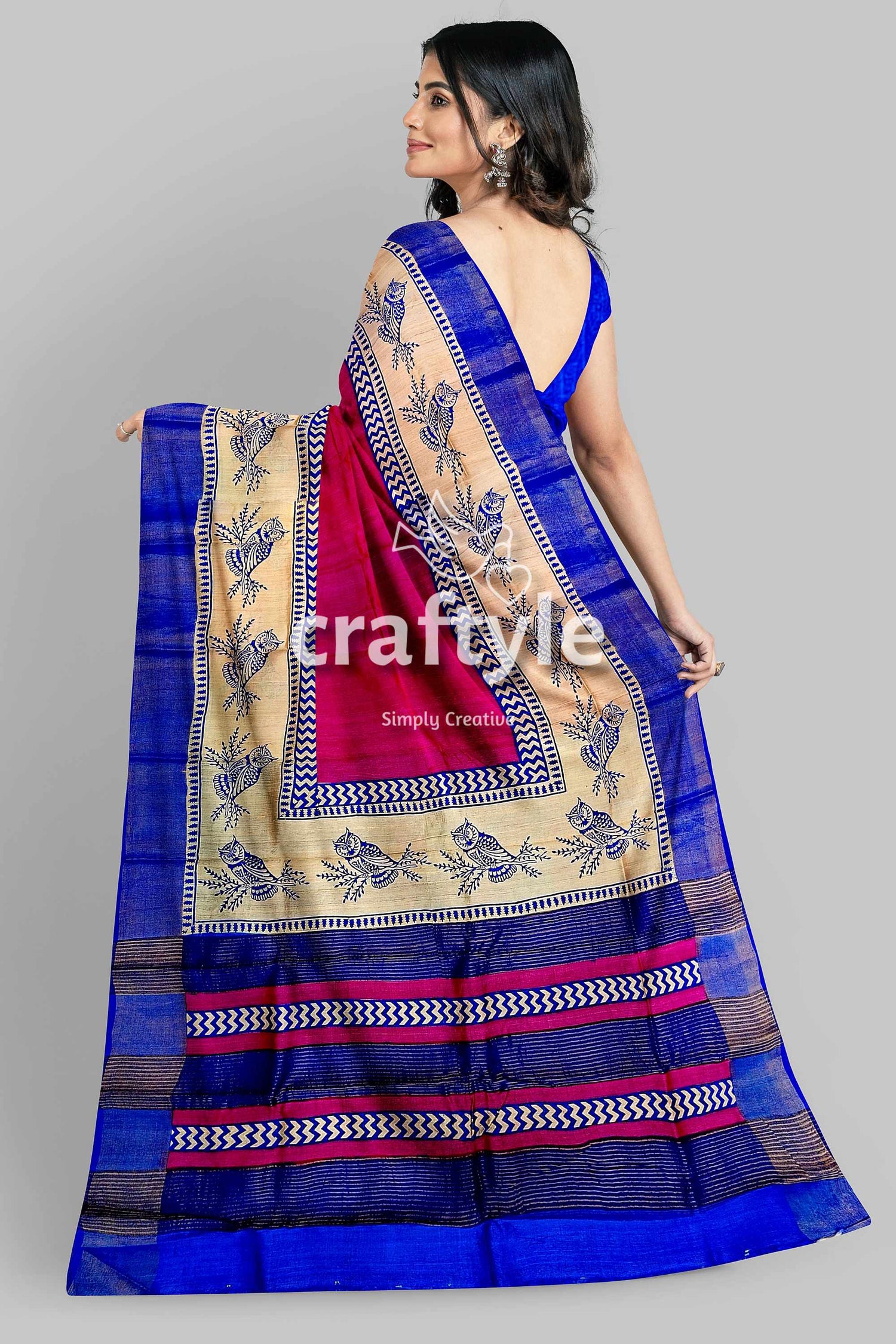Rose Red Blue Hand Block Print Zari Pure Tussar Saree - Indian Ethnic Wear - Craftyle