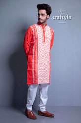 Rose Red Kantha Work Ethnic Embroidered Cotton Kurta Panjabi for Men - Craftyle