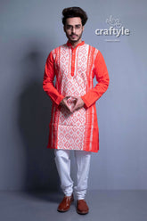 Rose Red Kantha Work Ethnic Embroidered Cotton Kurta Panjabi for Men - Craftyle
