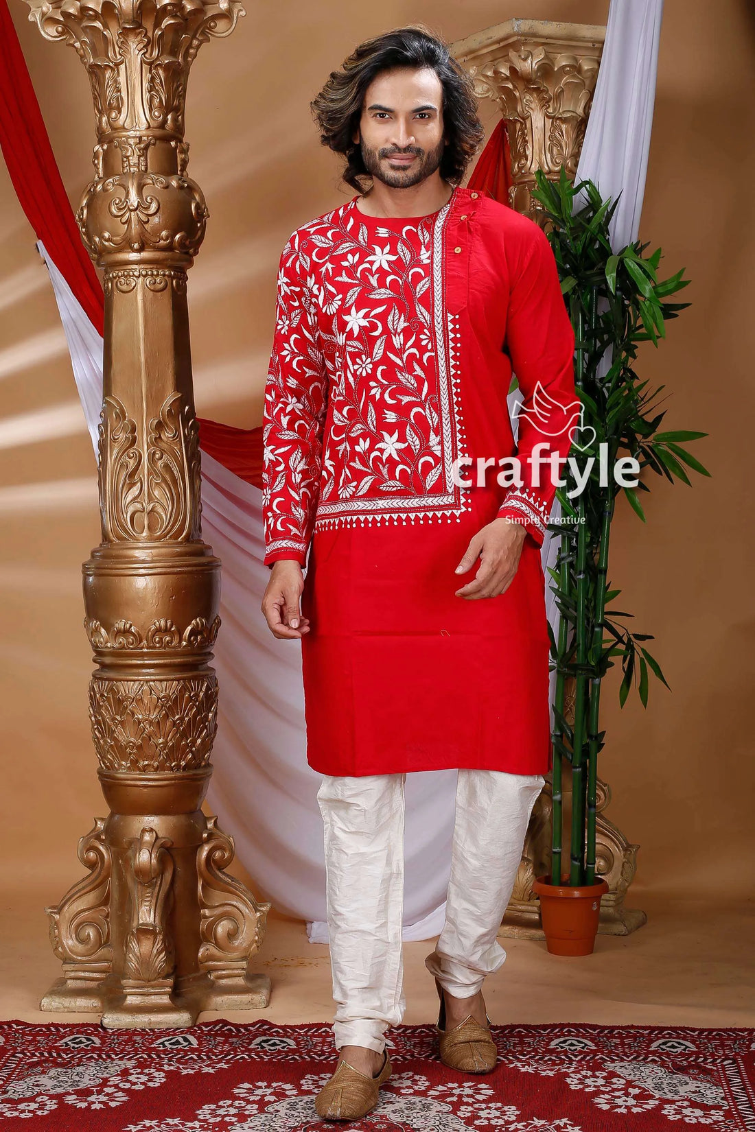 Rose red kantha work hand embroidered menās kurta red embroidered kurta pajama 1