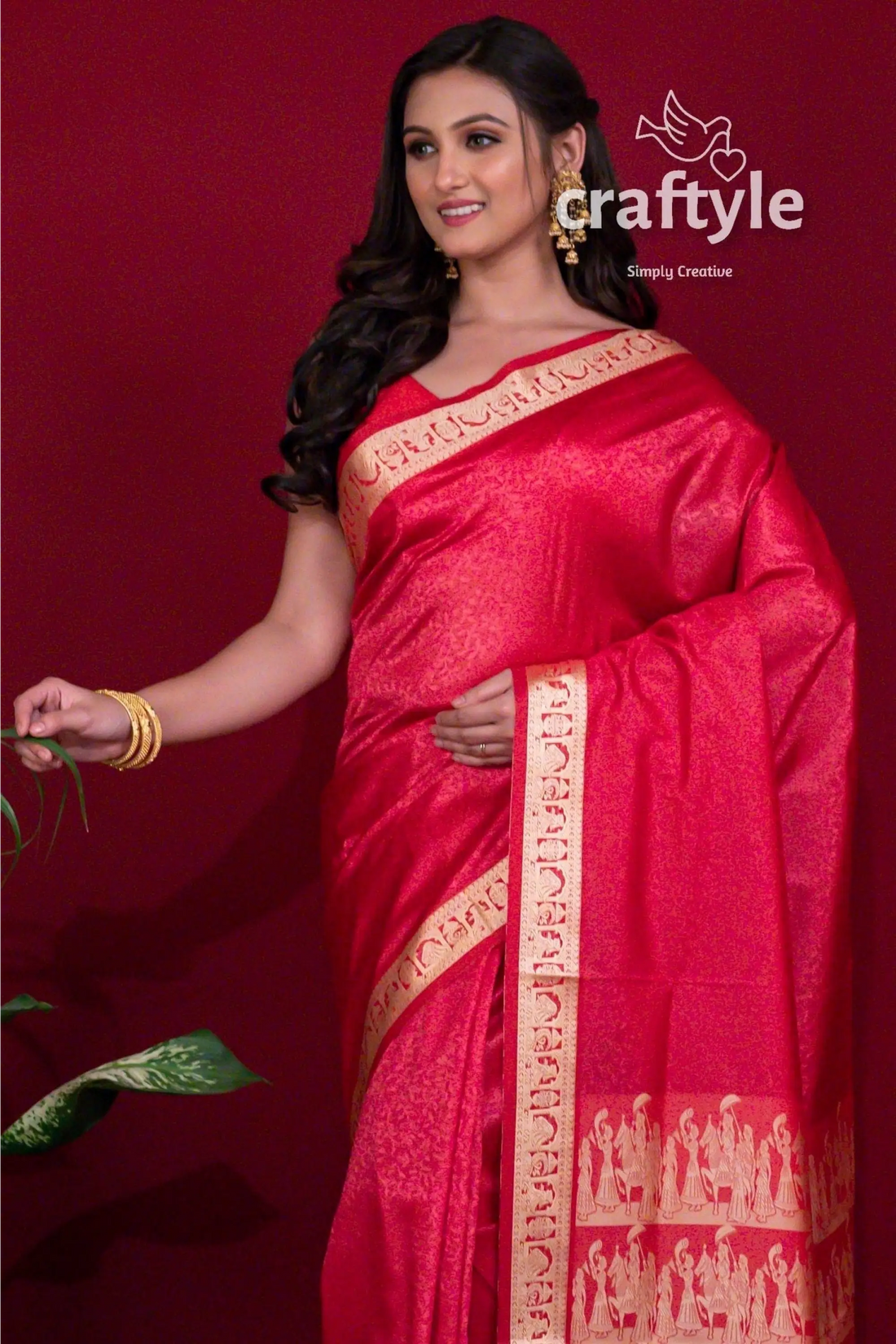 Rose red traditional baluchari silk saree for women red saree gold border 2