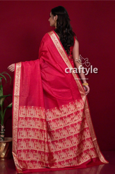 Rose red traditional baluchari silk saree for women red saree patterned border 4