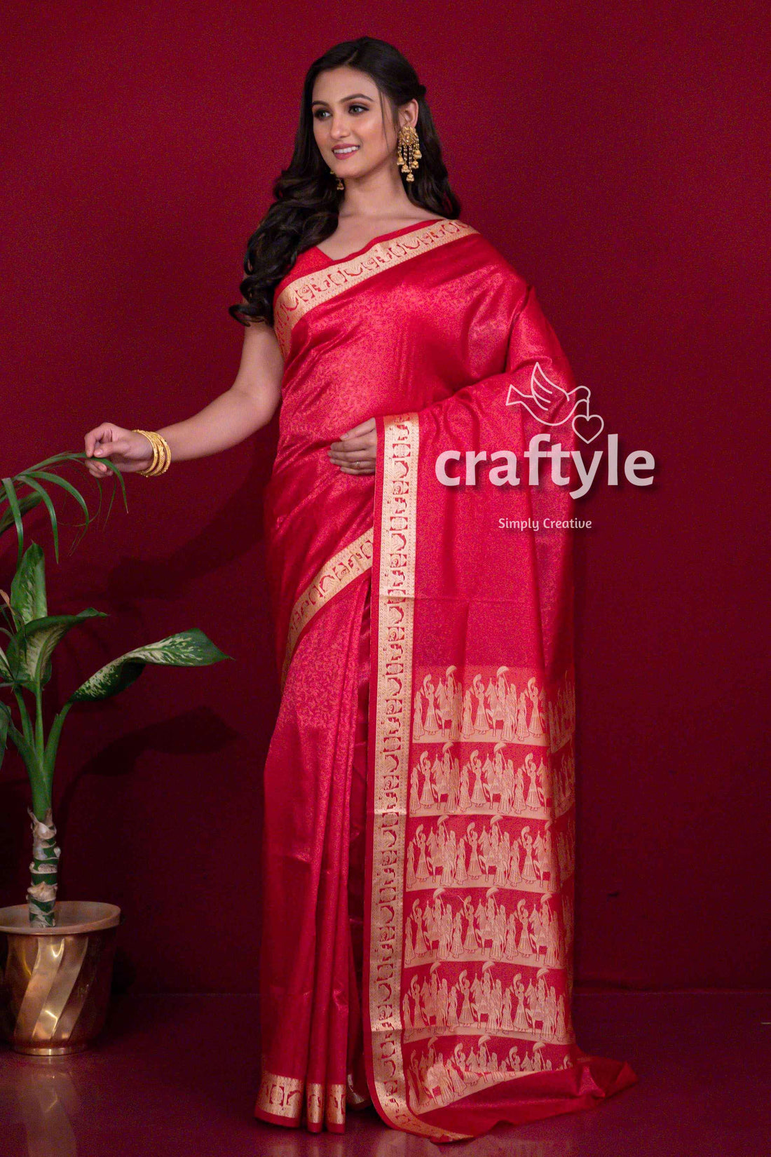 Rose Red Traditional Baluchari Silk Saree for Women - Craftyle