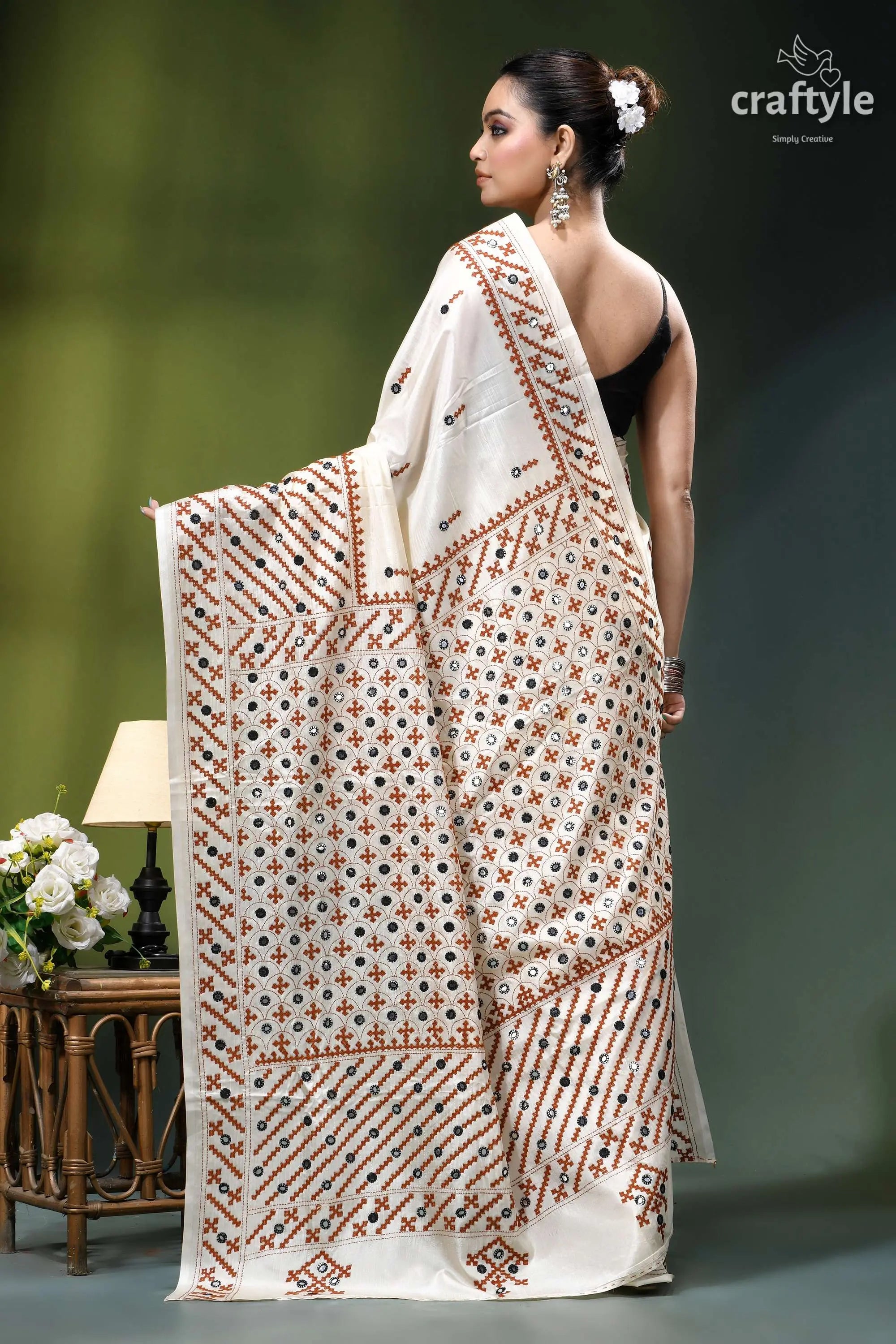 Rose white hand kutch embroidery silk saree - mirror detailing cream-colored saree intricate red black 5