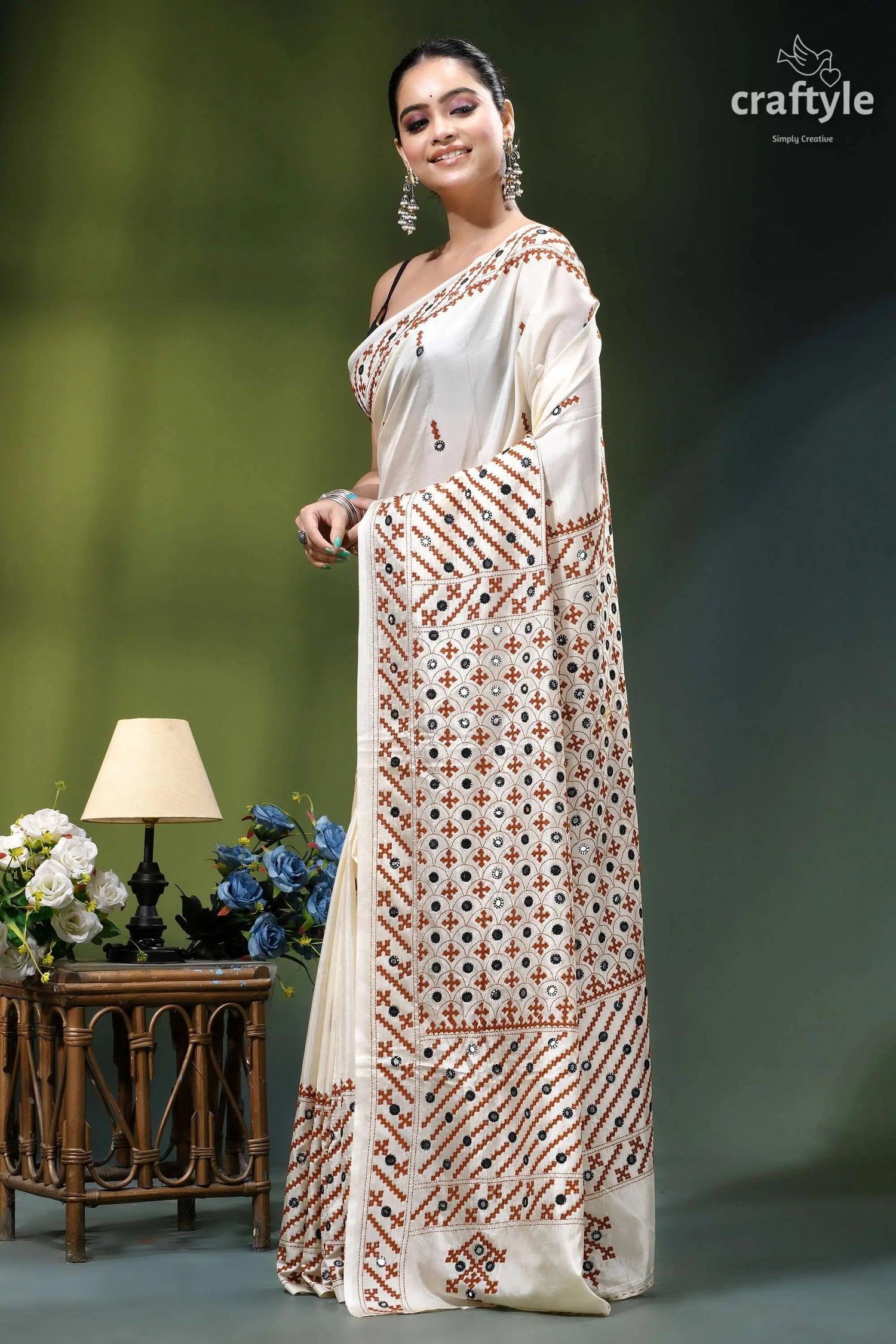 Rose white hand kutch embroidery silk saree - mirror detailing cream-colored saree intricate red black 3