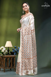 Rose white hand kutch embroidery silk saree - mirror detailing cream-colored saree intricate red black 3