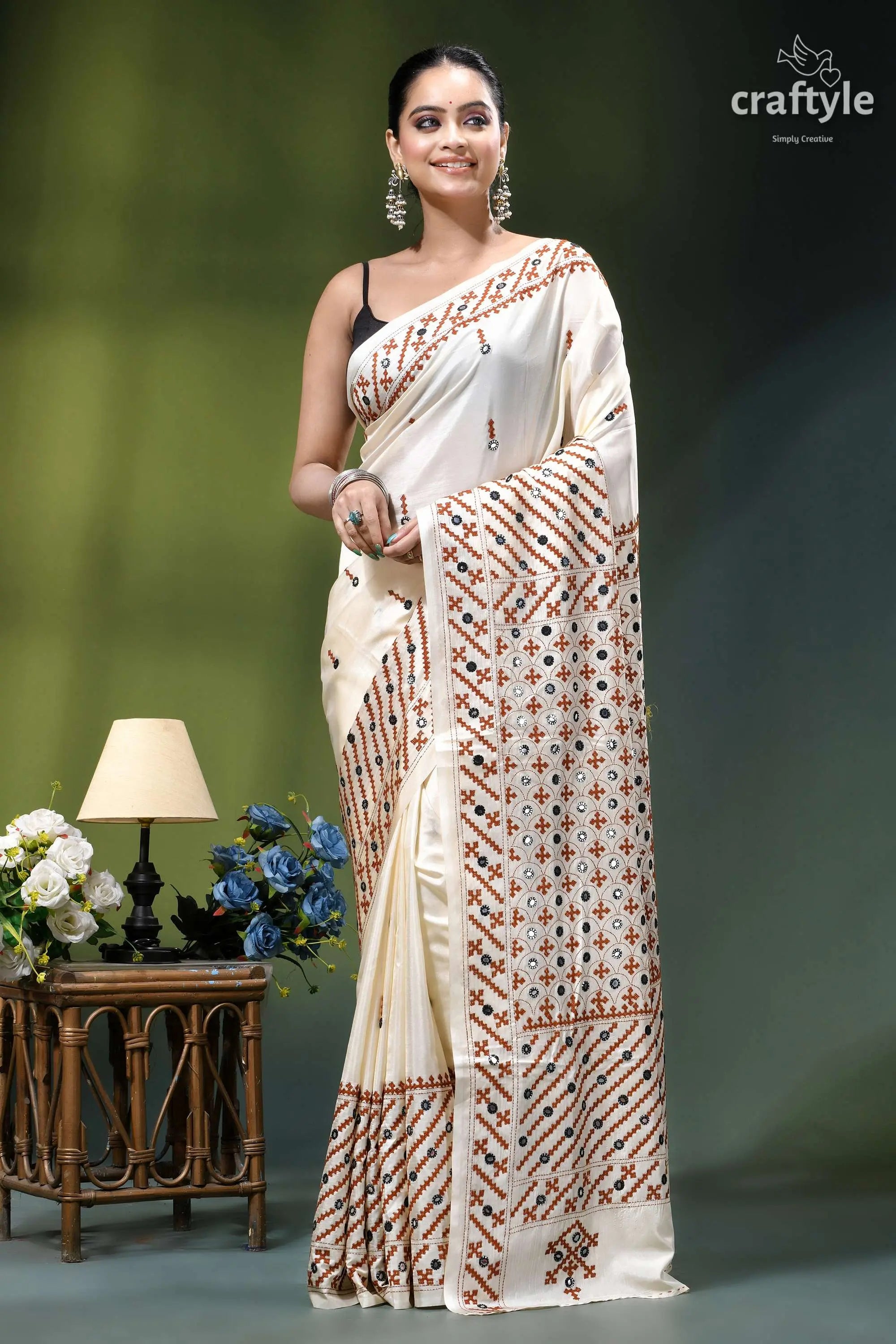 Rose white hand kutch embroidery silk saree - mirror detailing cream-colored silk saree intricate brown 6