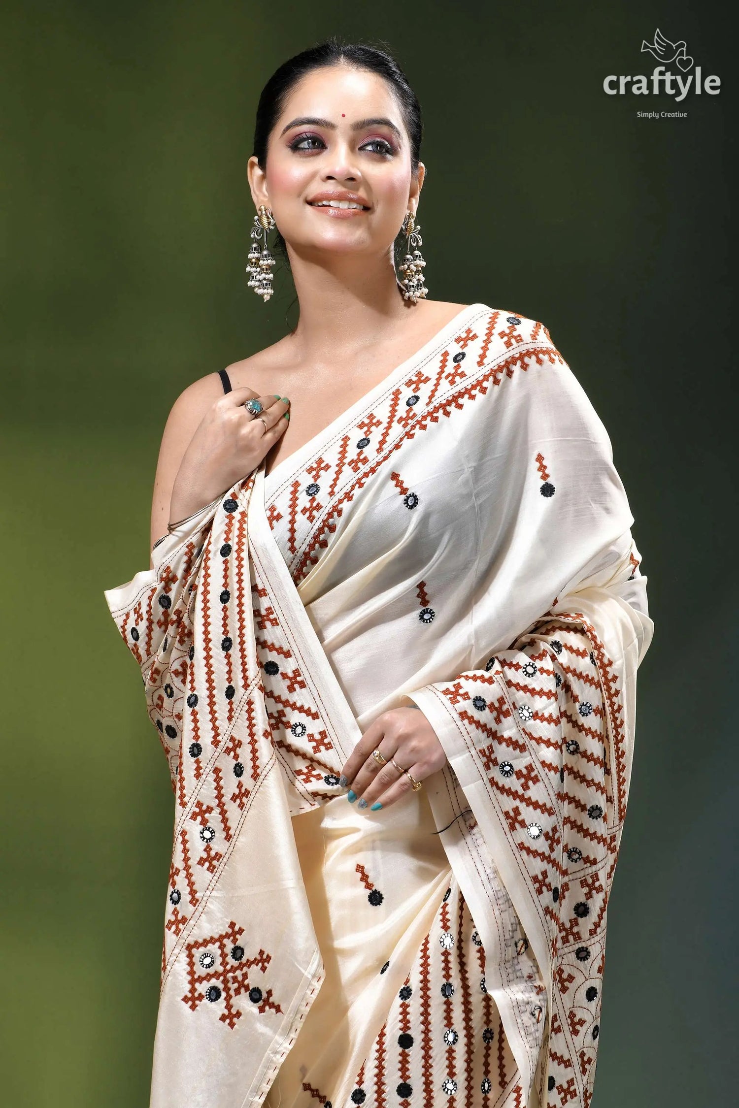 Rose white hand kutch embroidery silk saree - mirror detailing cream-colored silk saree adorned intricate 2