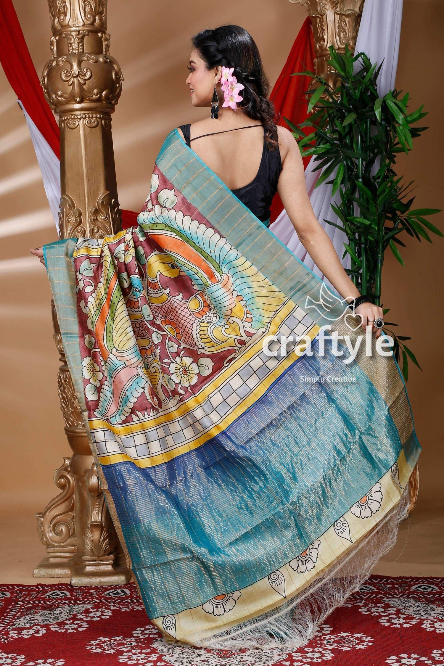 Rosewood Handmade Zari Pure Tussar Kalamkari Saree - Craftyle