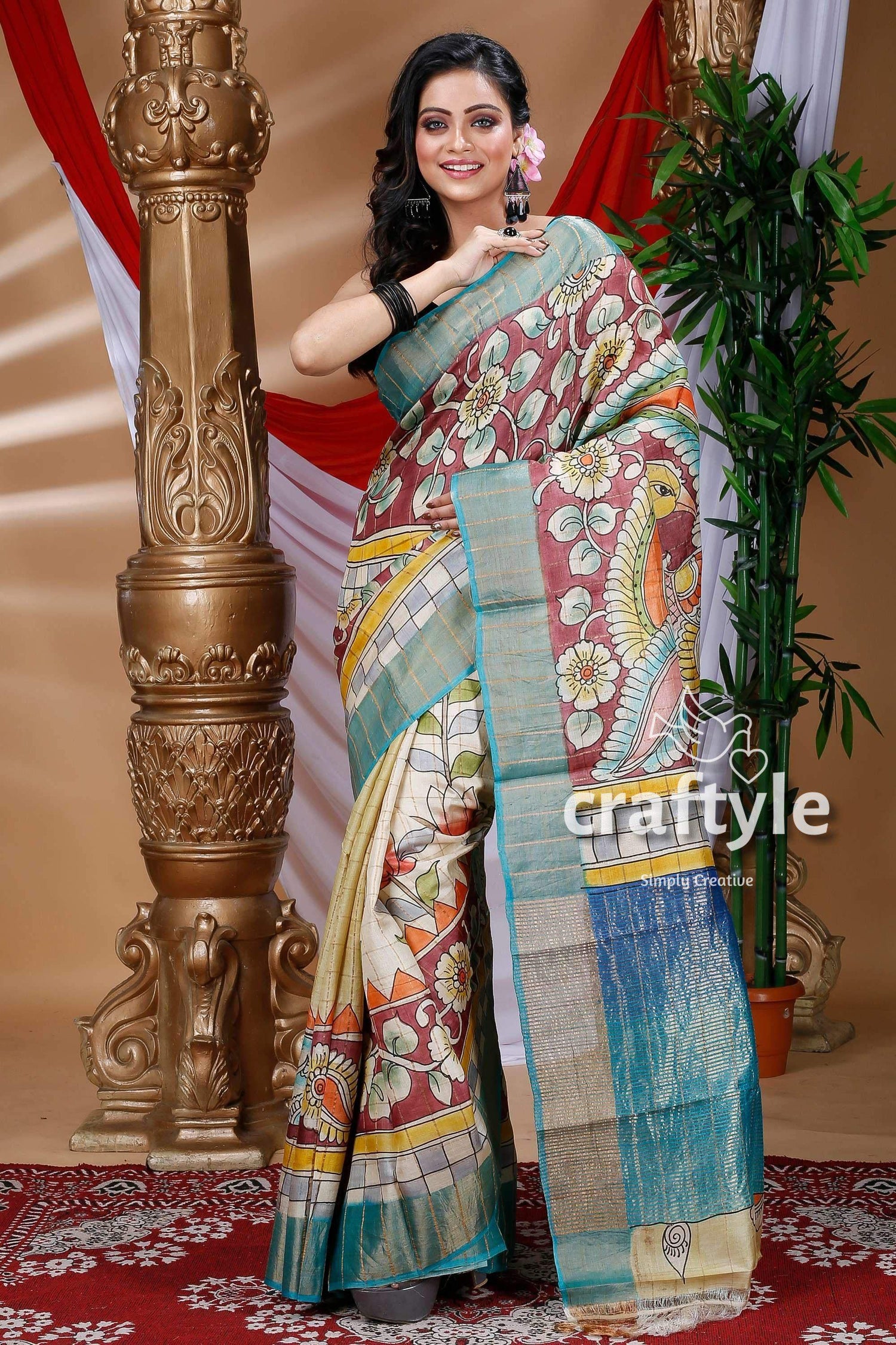 Rosewood Handmade Zari Pure Tussar Kalamkari Saree - Craftyle