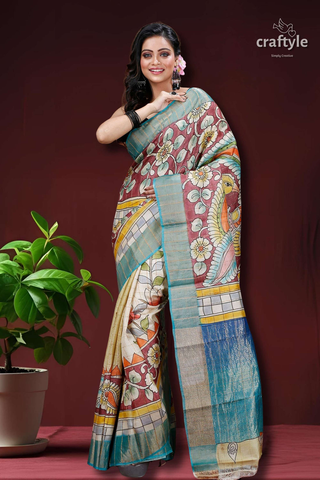 Rosewood Handmade Zari Pure Tussar Kalamkari Saree-Craftyle