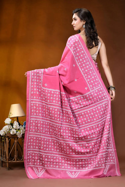 Rosy pink hand embroidery silk kutch work saree with ethnic pattern vibrant pink saree intricate white 6