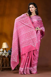 Rosy pink hand embroidery silk kutch work saree with ethnic pattern vibrant pink saree intricate white 5