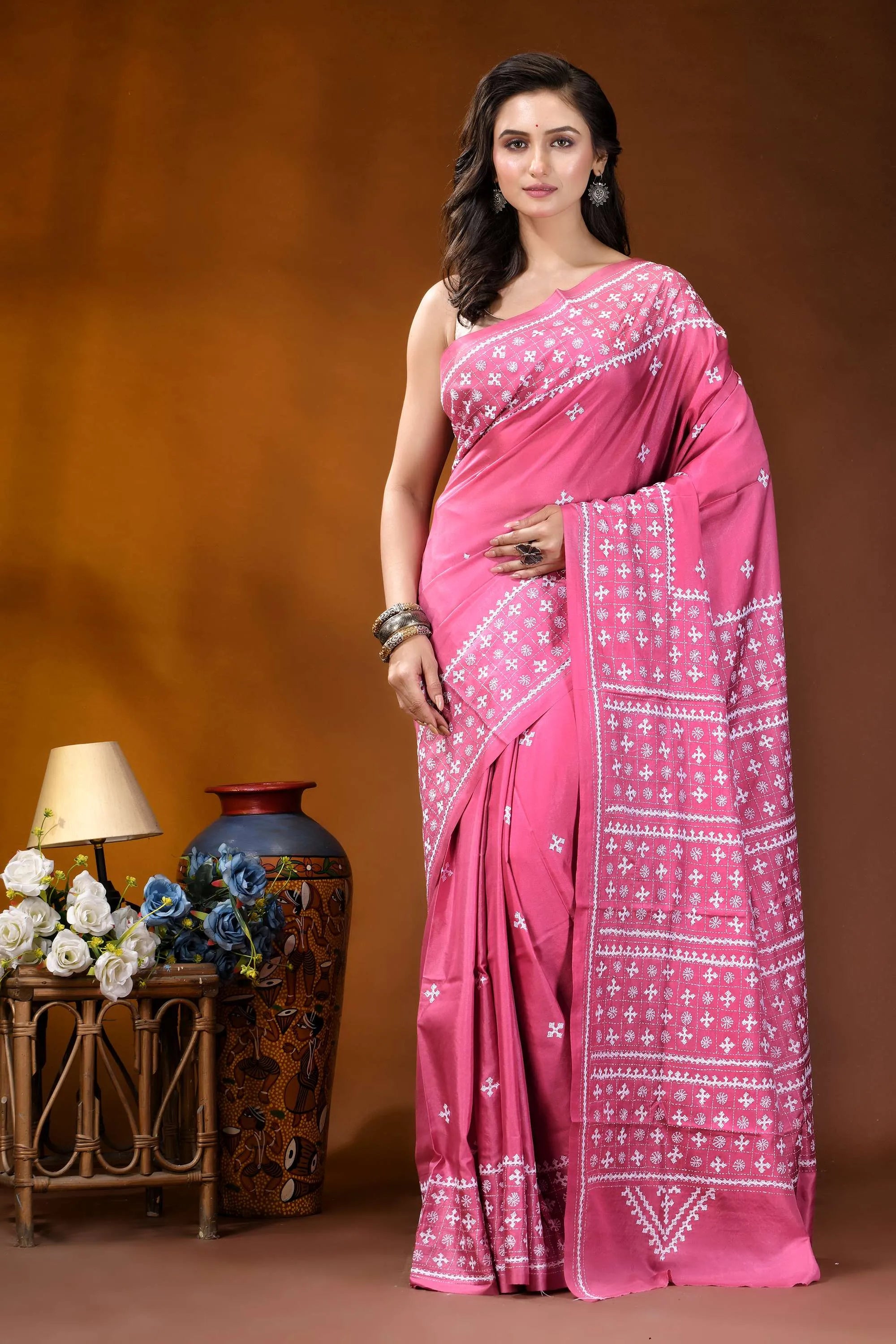 Rosy pink hand embroidery silk kutch work saree with ethnic pattern vibrant pink saree intricate white 1