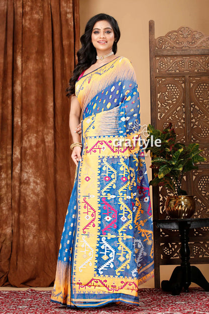 Royal blue and orange classic jamdani saree for women woman blue yellow saree 3