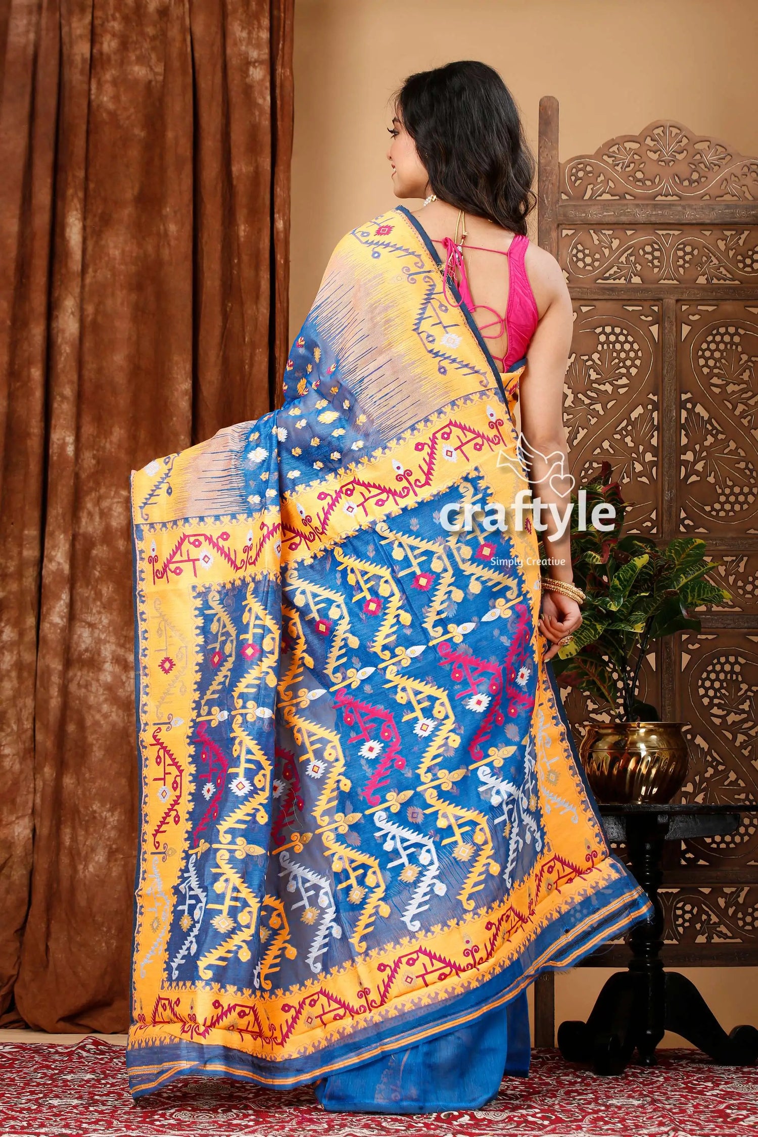 Royal blue and orange classic jamdani saree for women blue yellow patterned saree 5